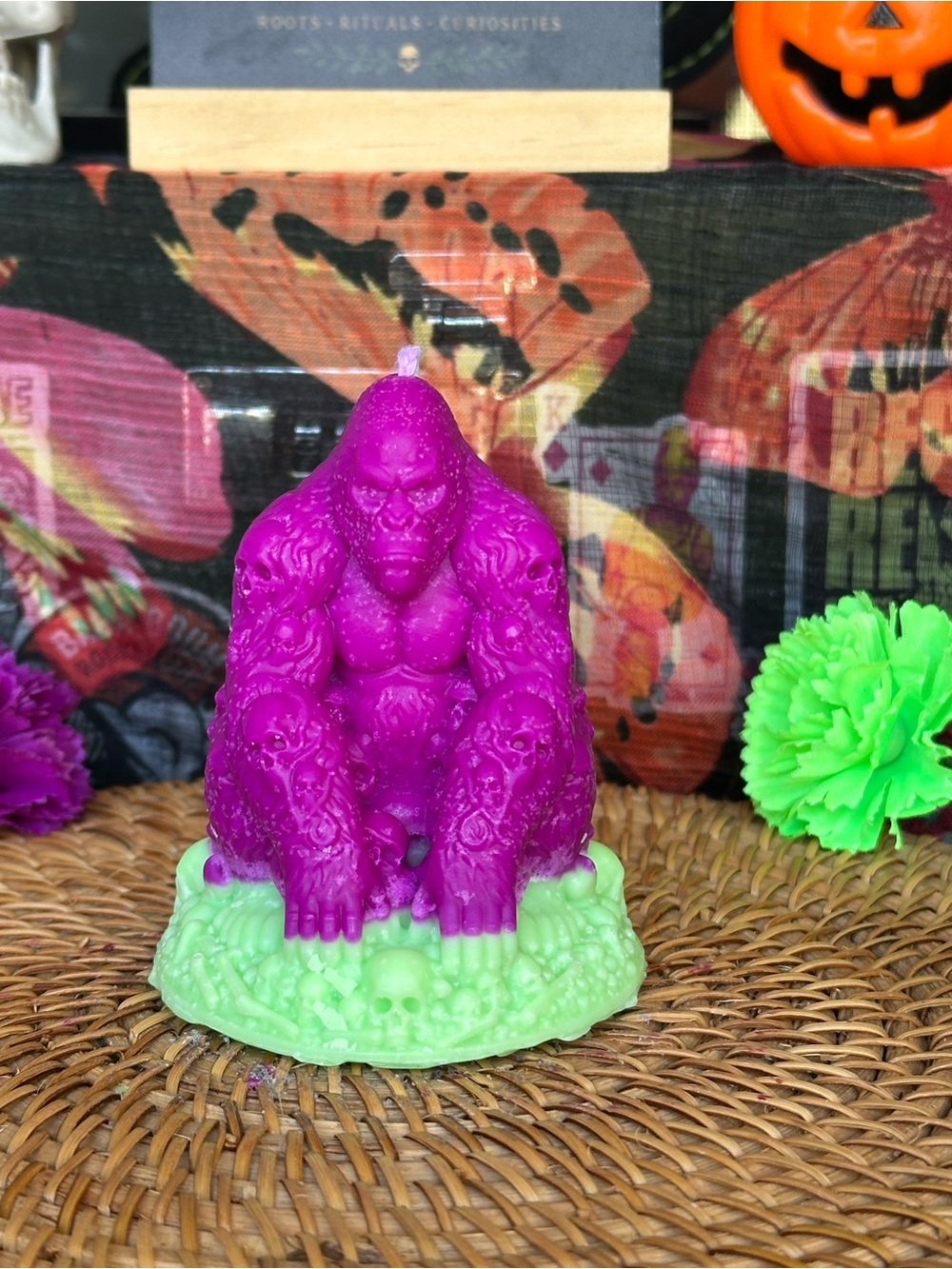 Handmade Skull Gorilla Candle – Bright Purple & Green Gothic Candle